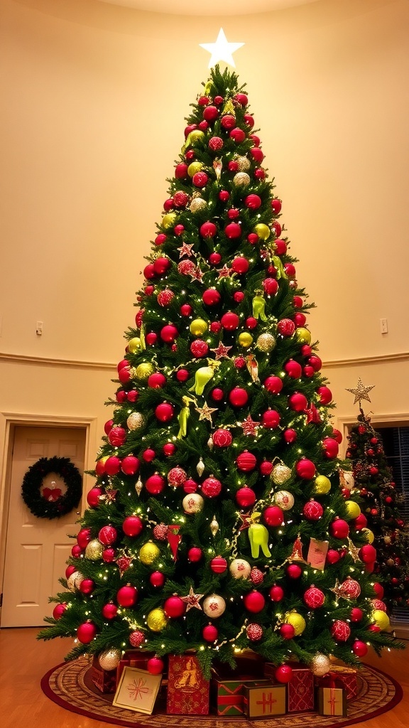Festive Christmas Tree Decoration with Red and Green Ornaments A large Christmas tree decorated with red and green balls, illuminated with lights, featuring a star topper and a tree skirt.